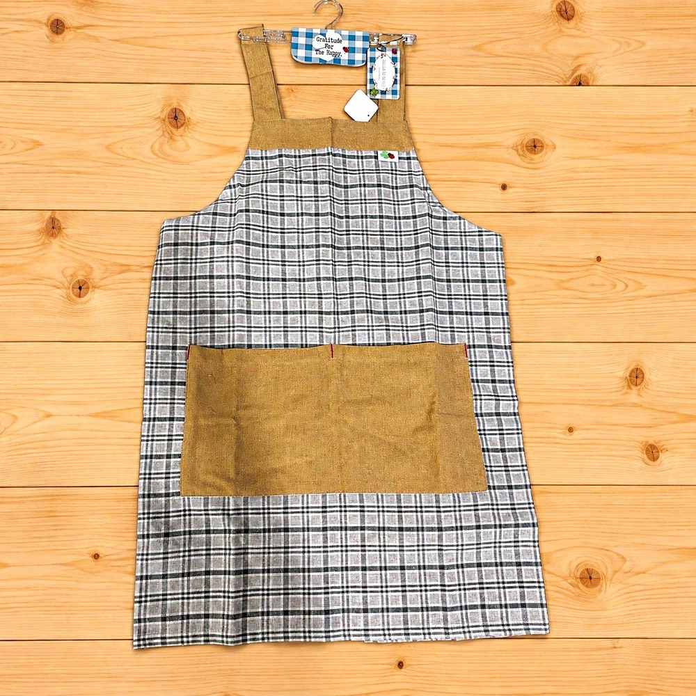 Japanese Gray Black Tan Plaid Bib Apron Fabric One Size Pocket [A4]